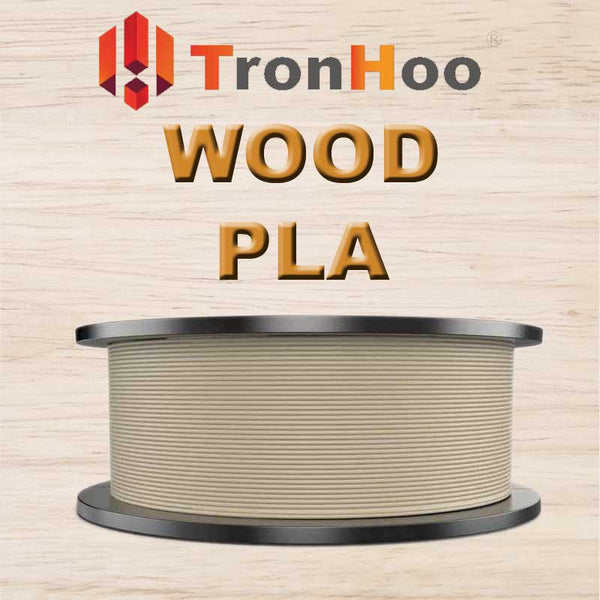 A spool of Tronhoo Wood PLA 3D printing filament displayed against a wooden background.