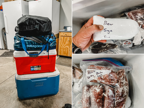 Stacked coolers, a blue duffel bag and a black backpack, next to photos from inside a chest freezer of a pack of bear meat and elk meat.