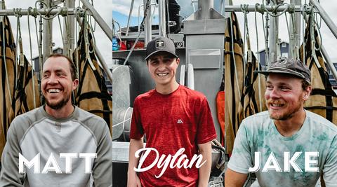 A three photo collage of this year's deckhands for fishing in Bristol Bay: Matt, Dylan, and Jake.