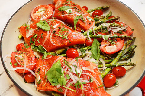 Oven Roasted Sockeye Salmon Primavera with Artichoke Gremolata