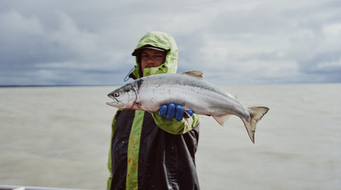 A fisherman holding up a salmon at arm's length towards the camera.