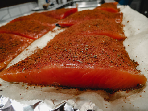 sockeye salmon with rub with love seasoning ready for the oven