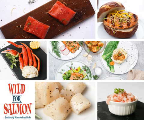 salmon, crab legs, shrimp, and scallops on a white background with Wild For Salmon logo