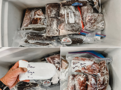 Three photo collage of an assortment of frozen packages of meat hunted by Steve.