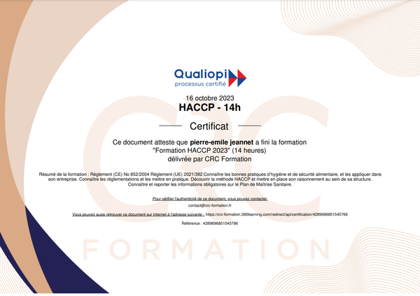 certificat hygiène HACCP
