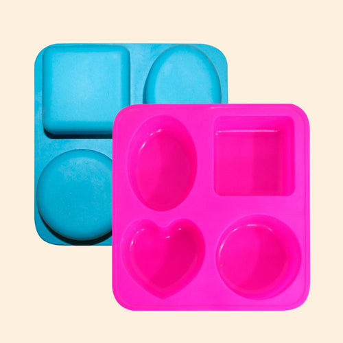 MYOC 4 Cavity Silicone Soap Mould for DIY Handmade Bathing Bar & Soap - Oval, Square, Heart, Circle - Pack of 1 (Multicolour)