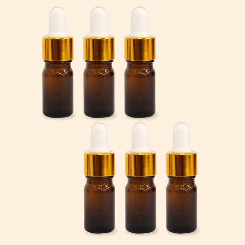 Glass Amber bottle with golden dropper & Funnel 0.16 Oz ( Pack of 6)
