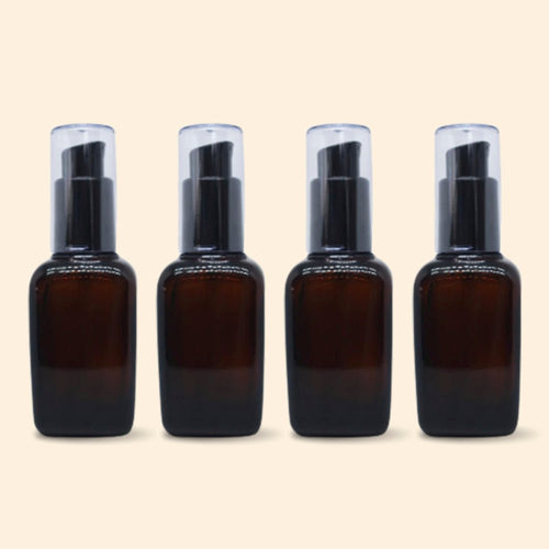 MYOC 4Pcs Amber Square Glass lotion bottles with Black Pump Head and Cap 50ml/1.7oz