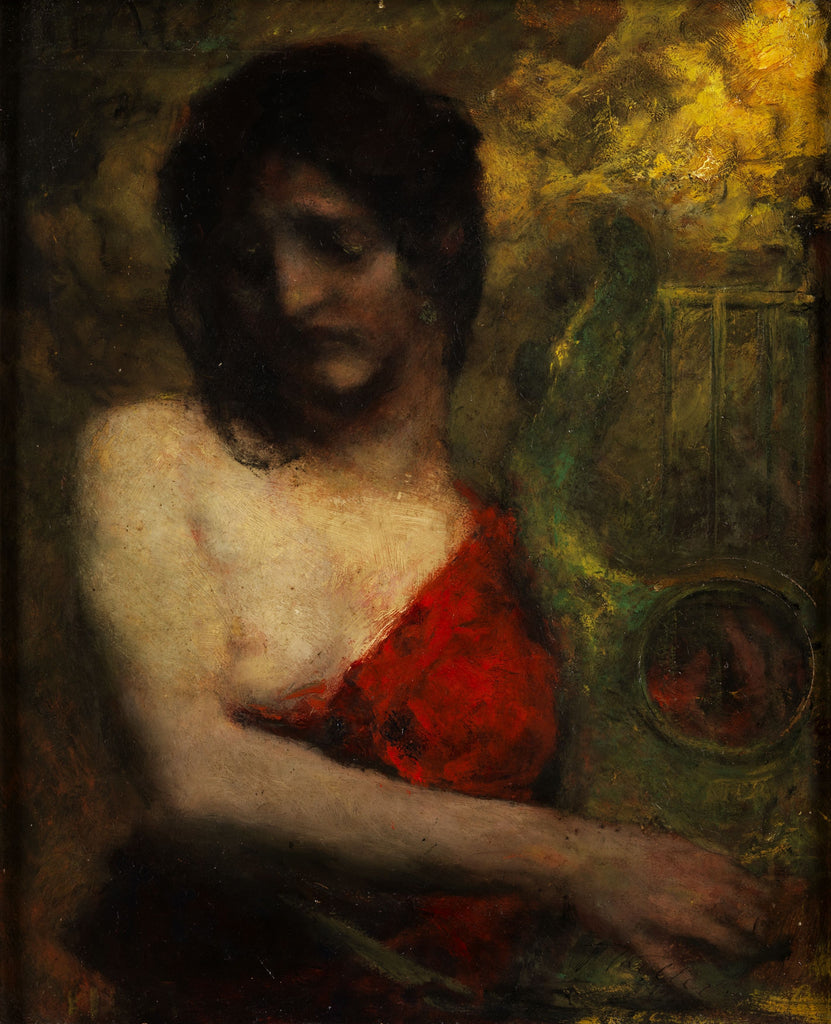 Semi-nude of a young woman in red dress with Lyra