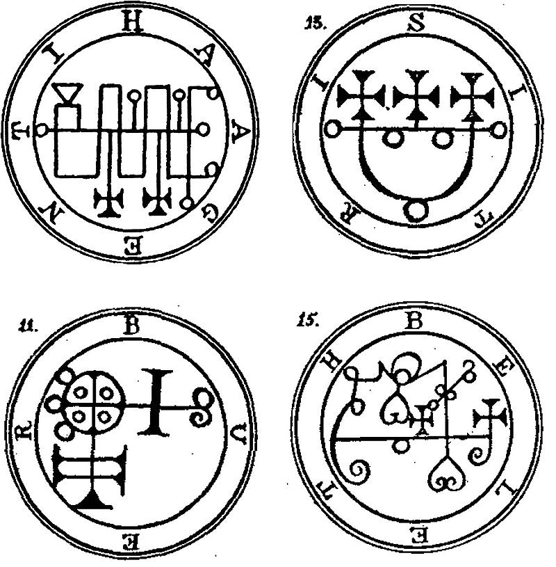 Four goetic seals from the Lesser Key of Solomon