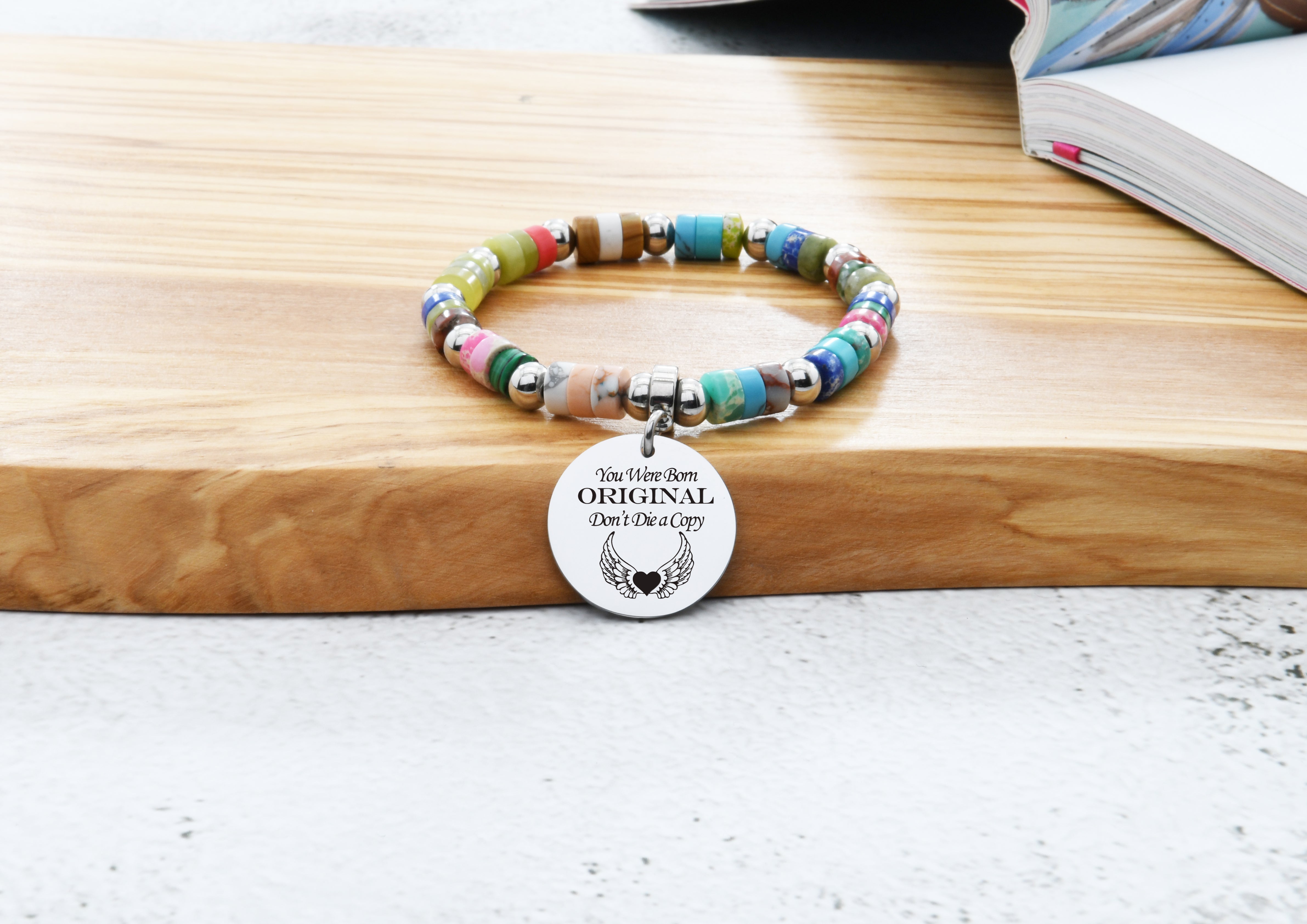 Natural Mix Gemstone Inspirational Stretch Bracelet By Pink Box