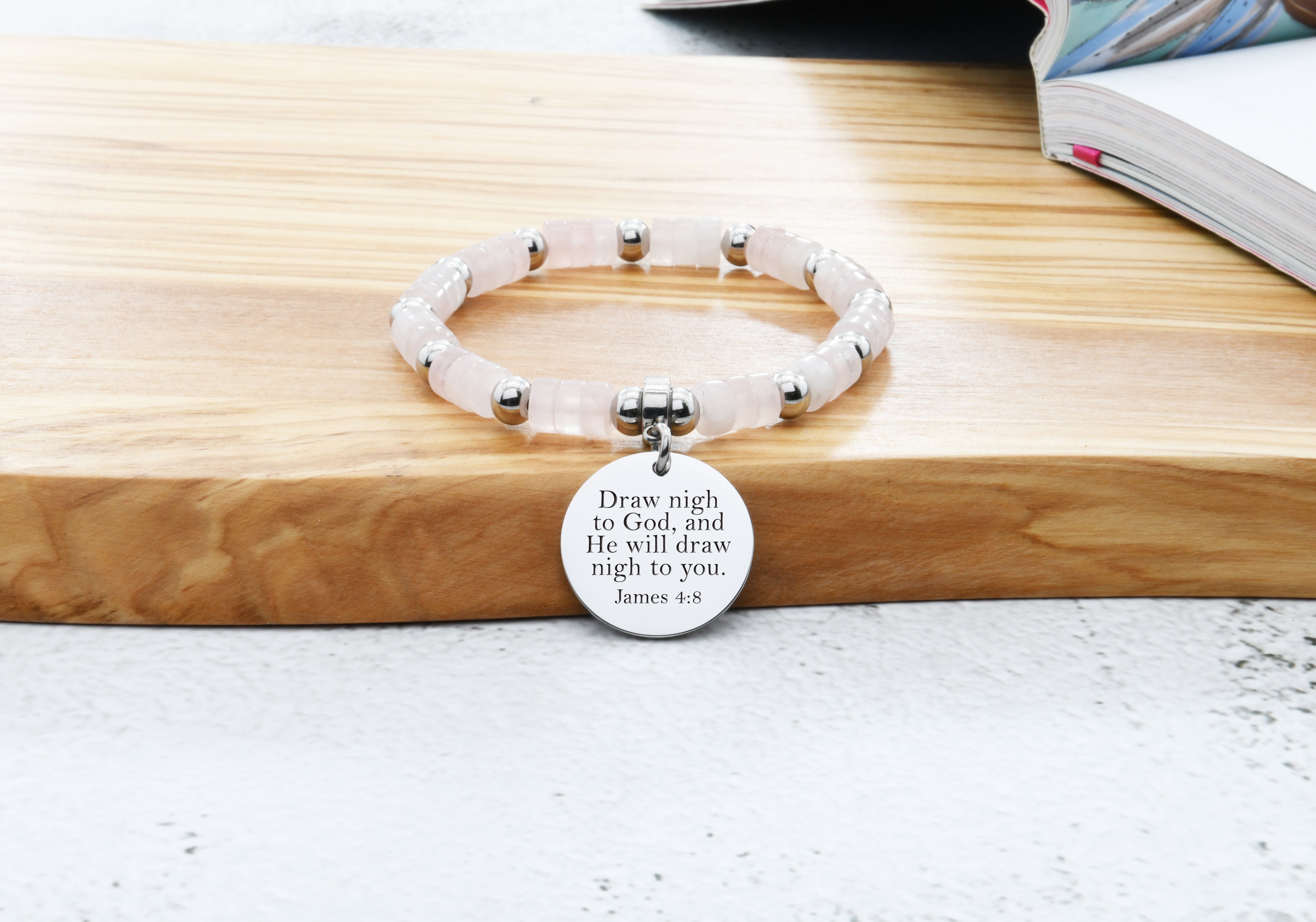 Natural Quartz Scripture Stretch Bracelet By Pink Box