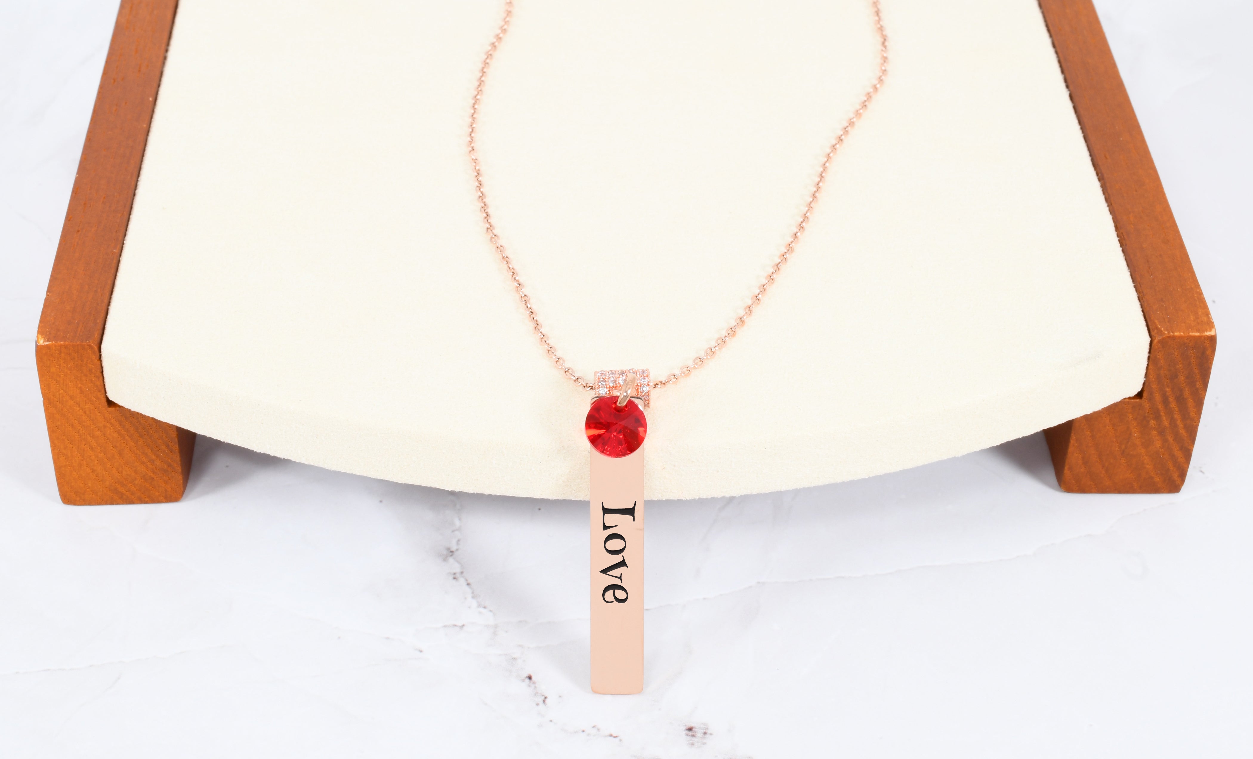 Inspirational Vertical Bar Necklace With Red Crystal In Rose Gold