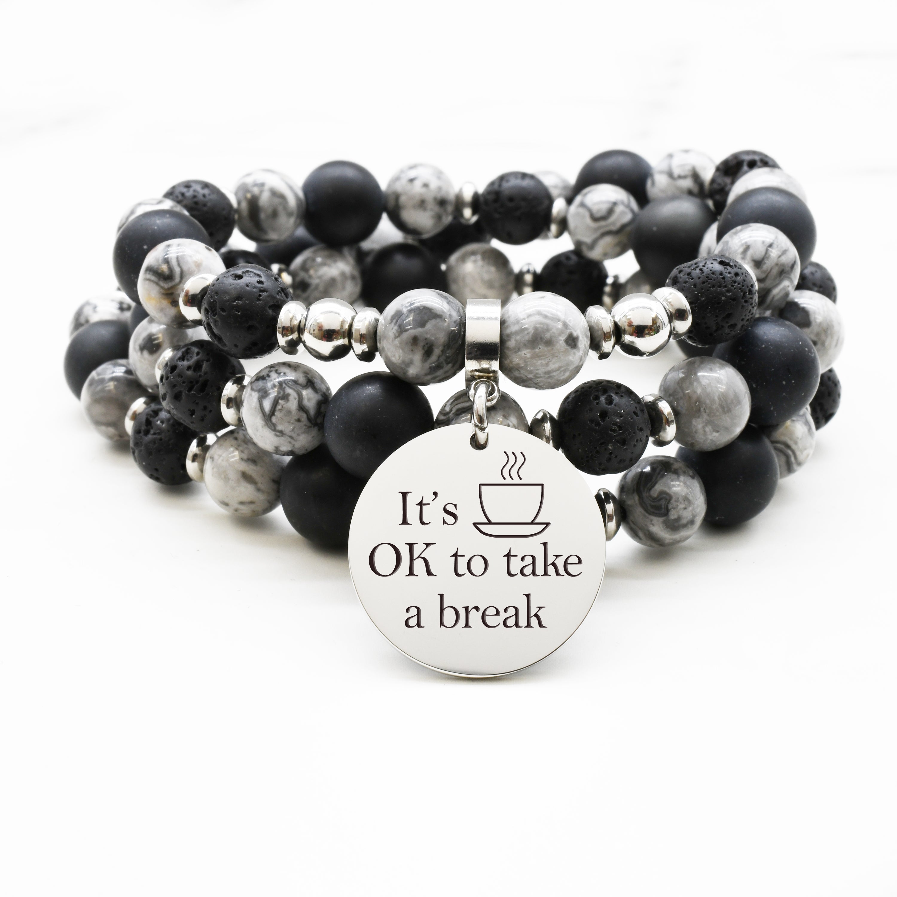 Natural Gemstone Inspirational Bracelet Necklace High Polished - Black Tone