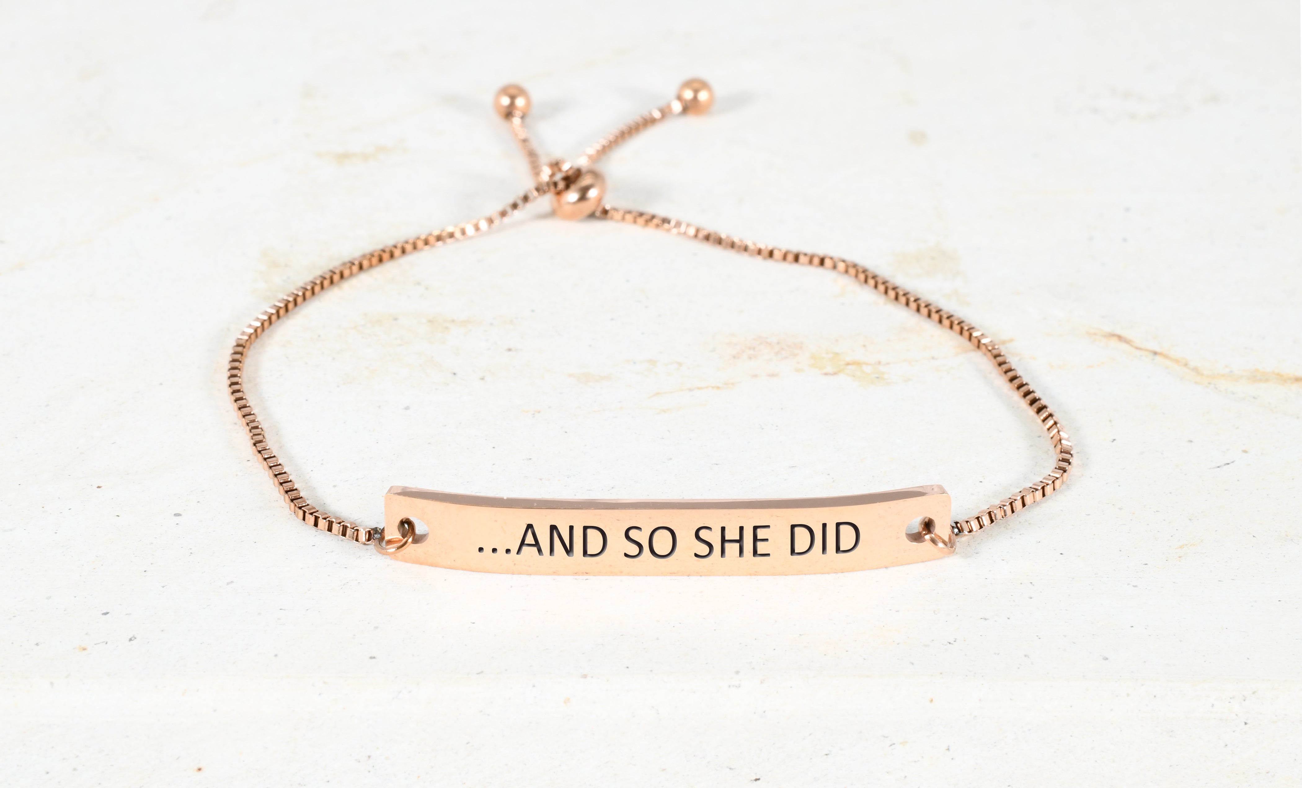 Fully Adjustable Inspirational ID Bracelet in Rose Gold Plating