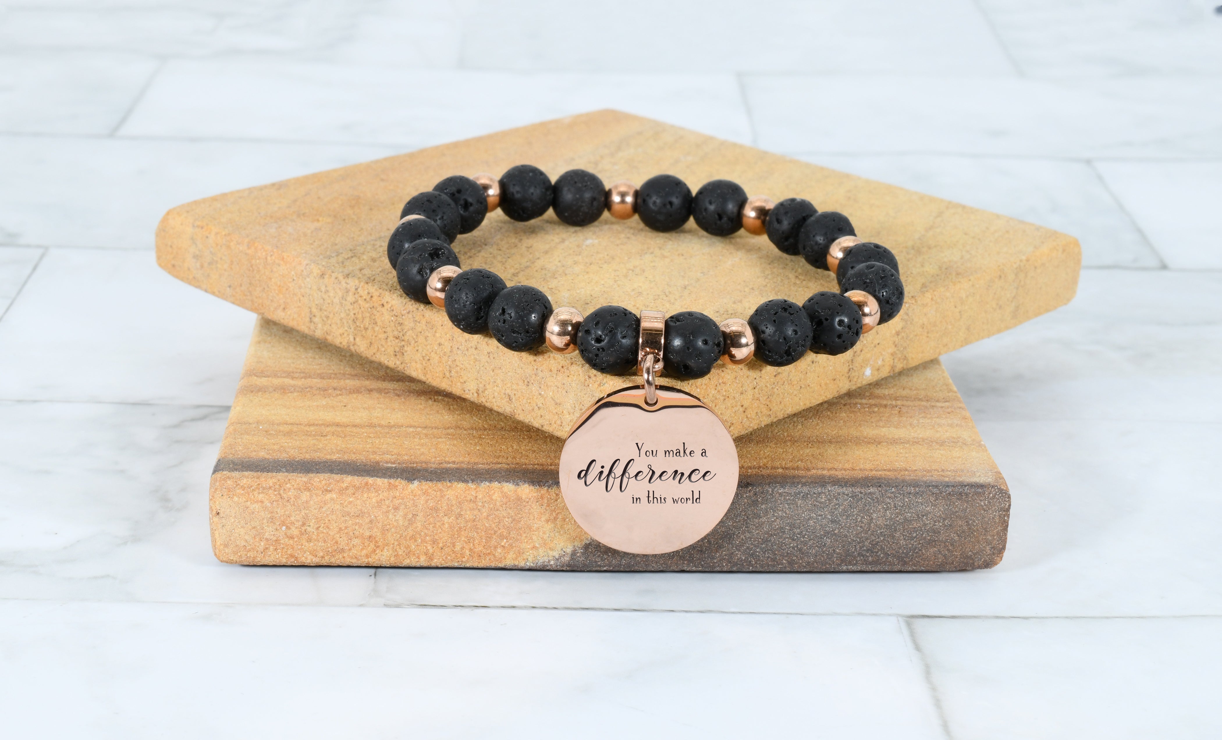 Natural Lava Inspirational Stretch Bracelet In Rose Gold Accent By Pink Box