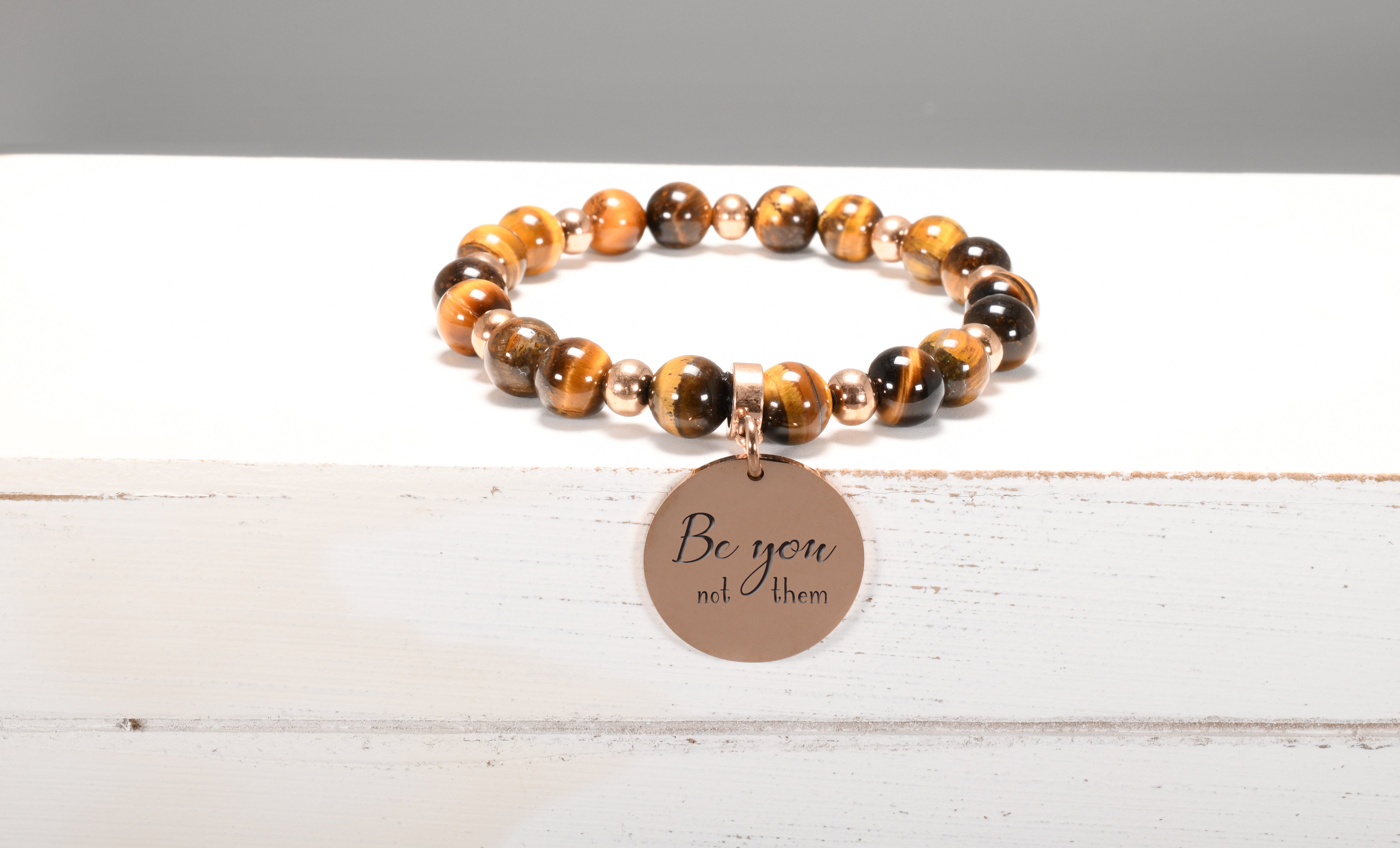 Natural Tiger-eye Inspirational Stretch Bracelet In Rose Gold Ac