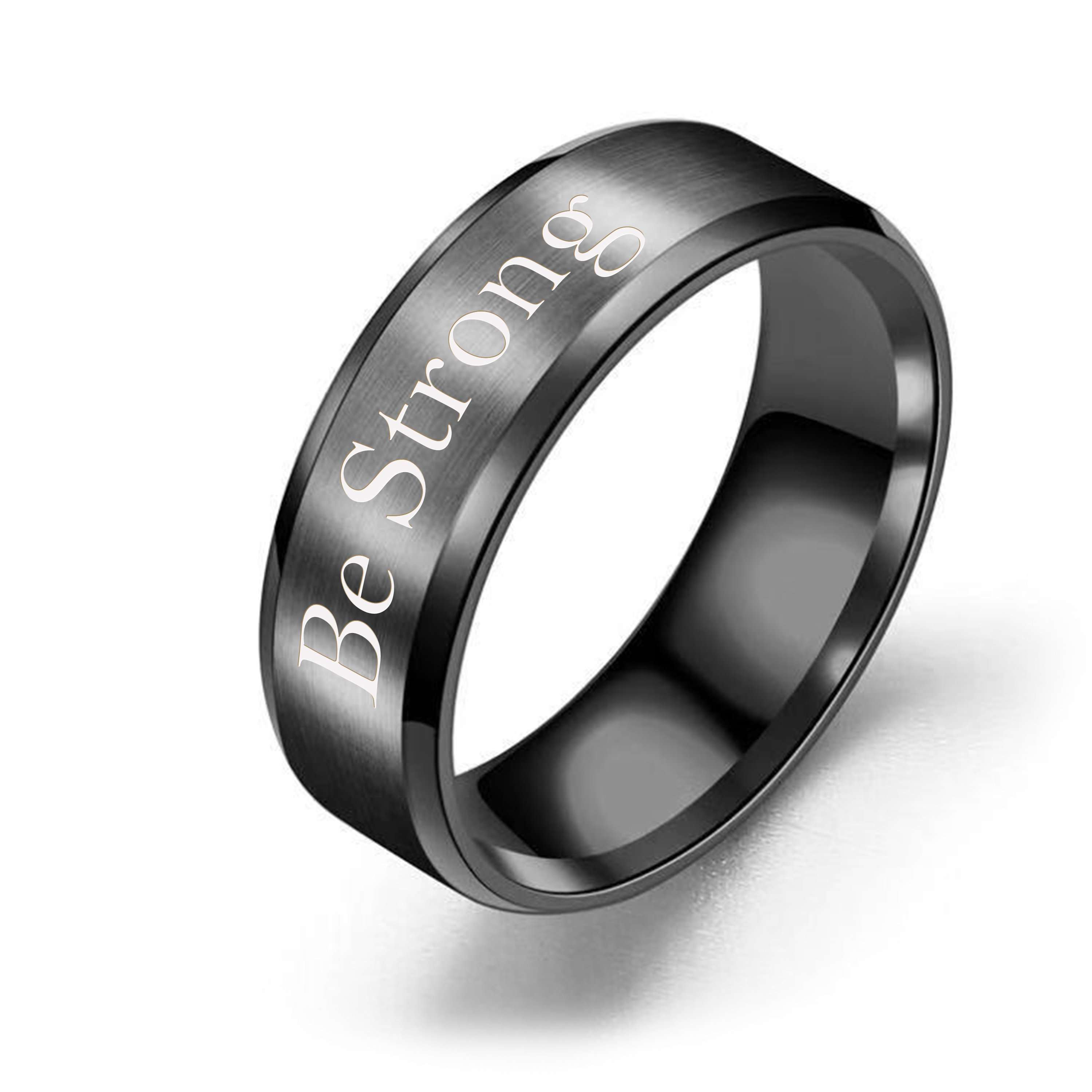 8mm Solid Stainless Steel Comfort Fit Ring in Black - Be Strong