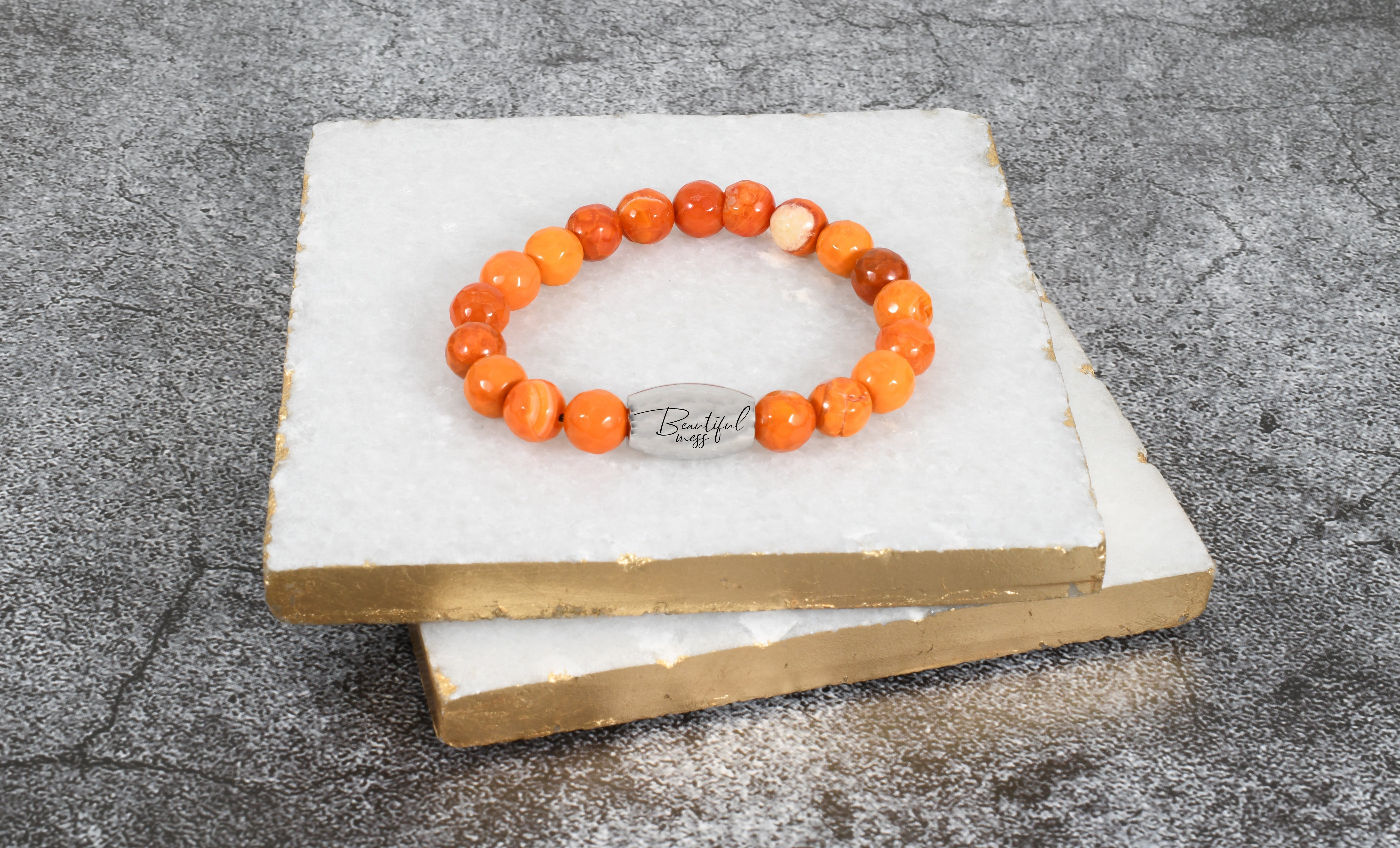 Natural Orange Agate Oval Inspirational Stretch Bracelet By Pink Box