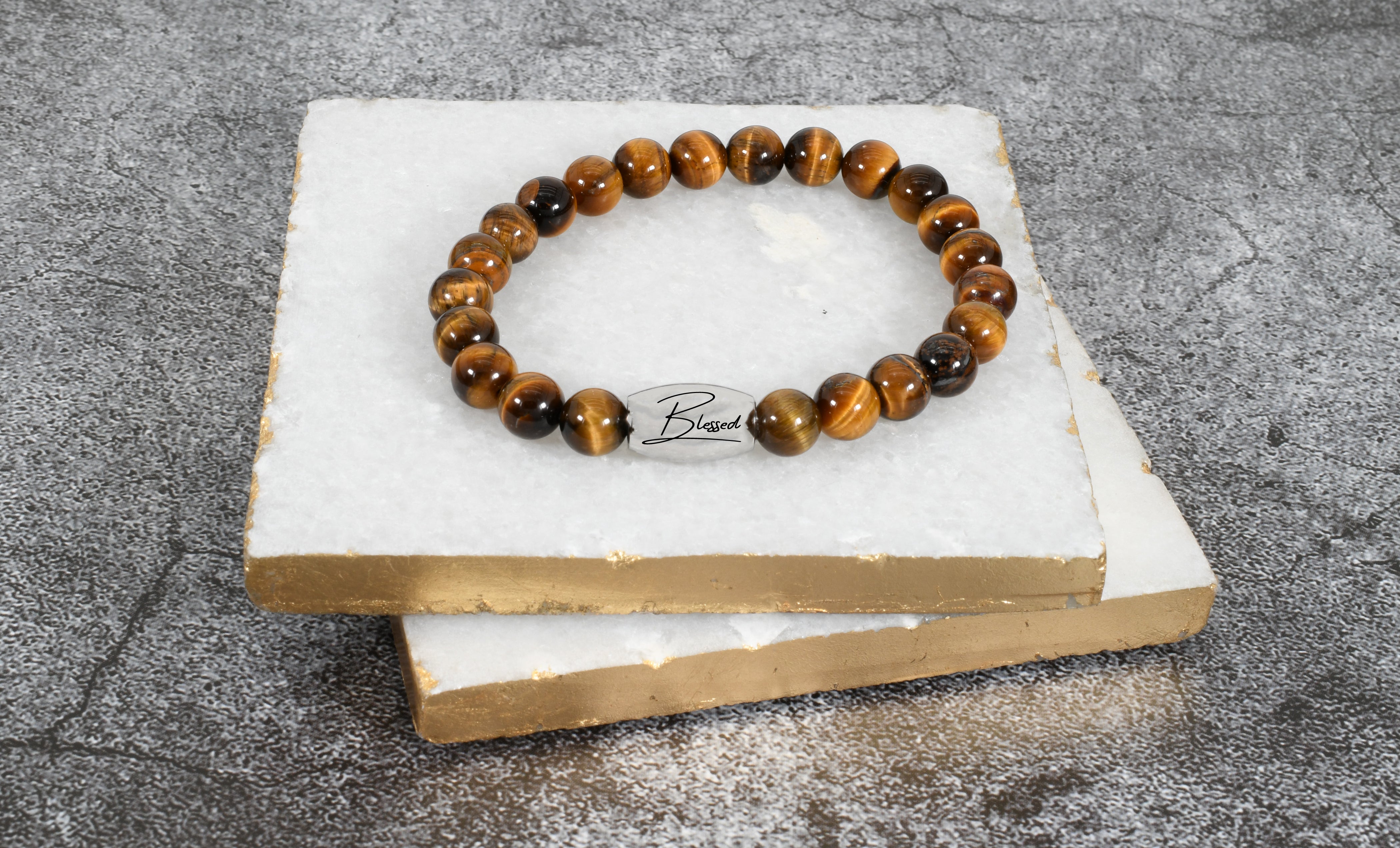 Natural Tiger-eye Oval Inspirational Stretch Bracelet By Pink Box