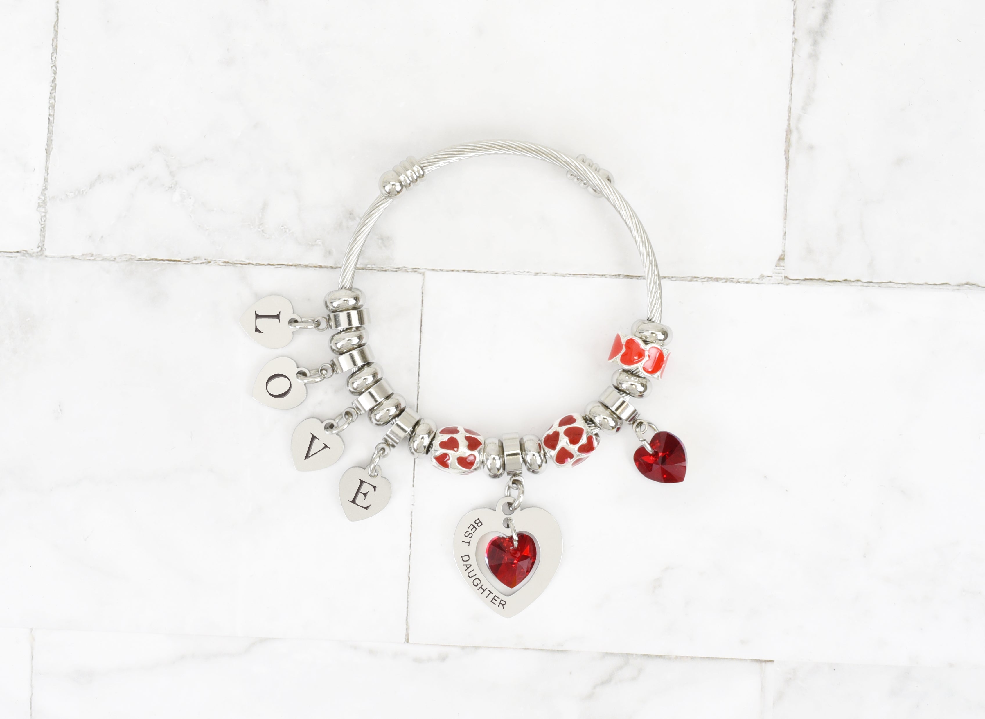 Kid's Love Heart Charmed Bracelet Made With Austrian Crystals By Pink Box