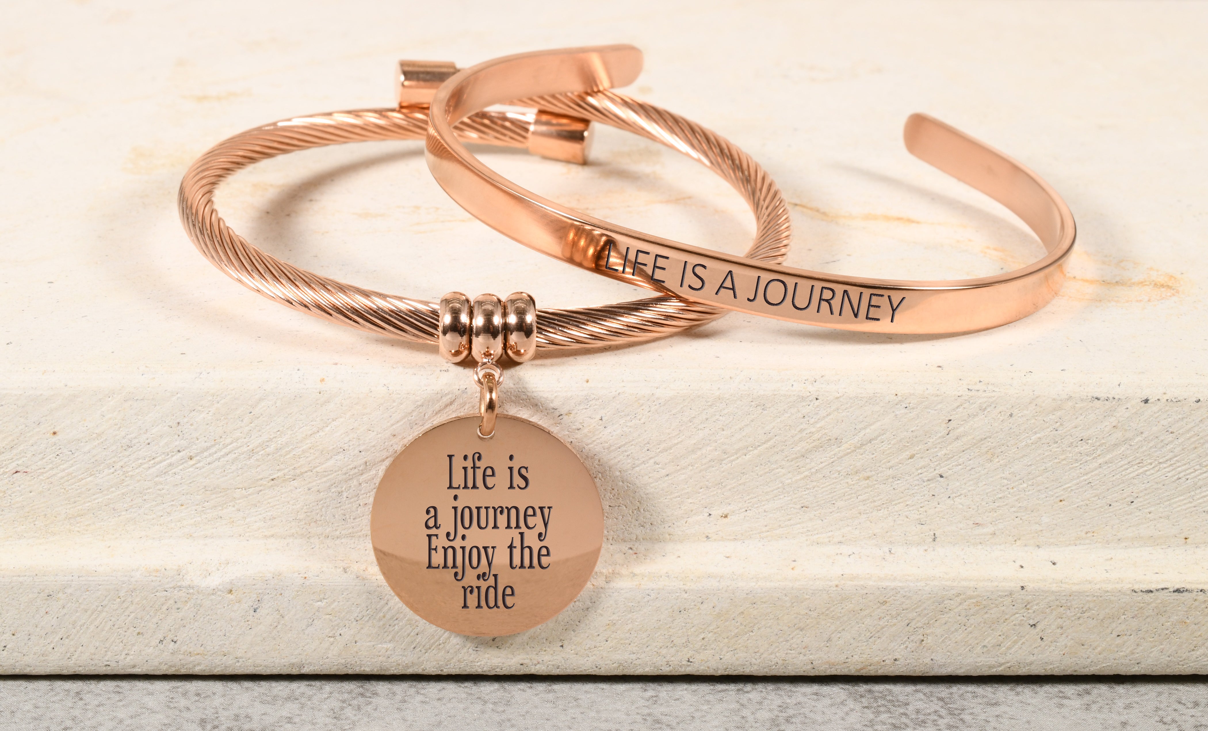 Inspirational Cable and Cuff Bracelet Set - Rose Gold