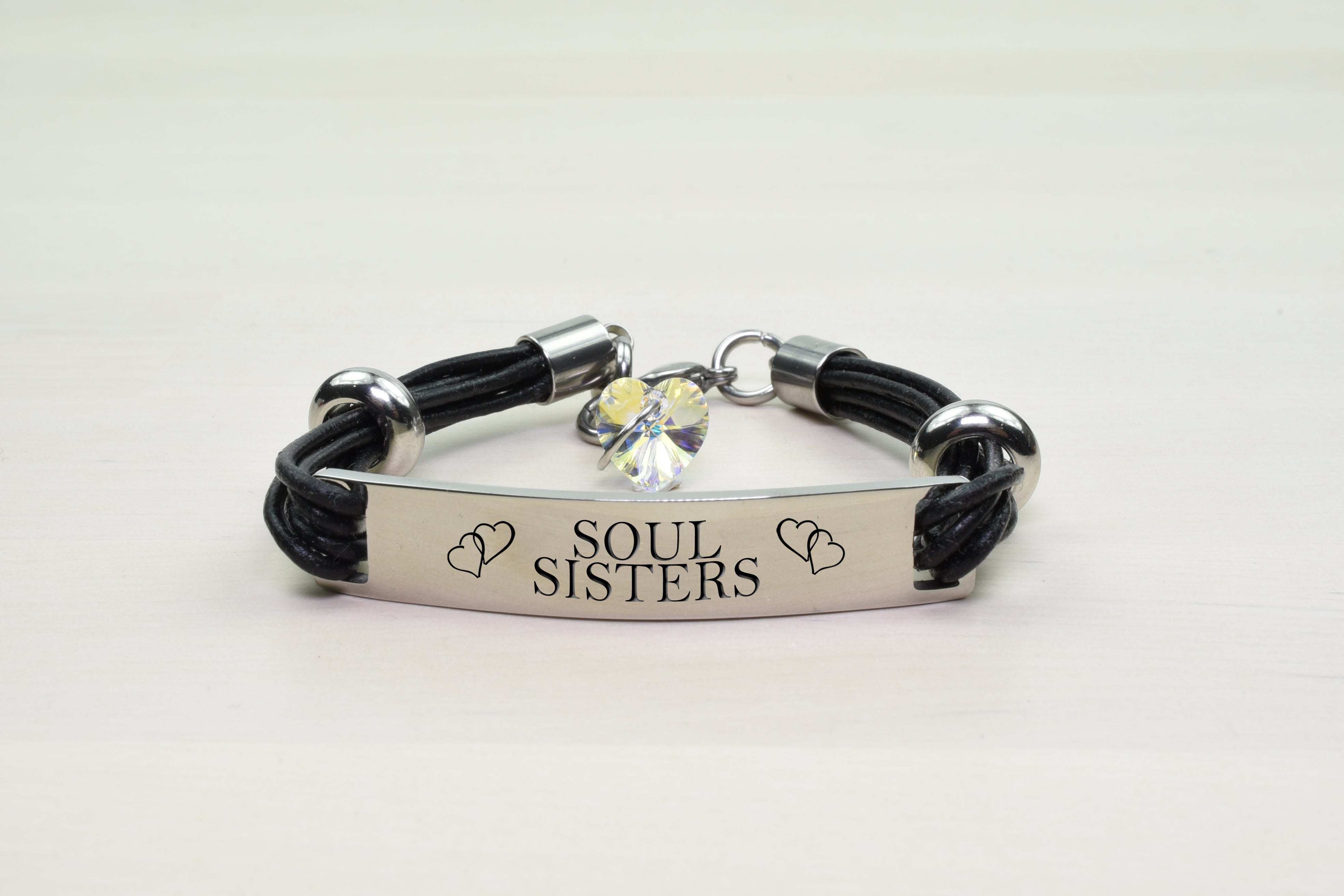 Genuine Leather Inspirational Bracelet with AB Crystals from Austrian Crystals - Silver