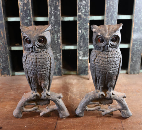 Pair of Antique Owl Andirons with Glass Eyes