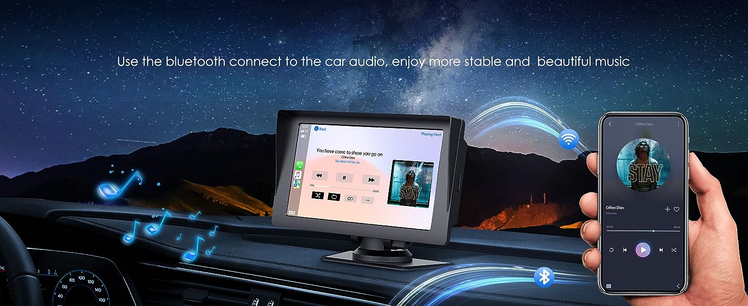 Portable 7 Inch Portable Wireless Car Stereo with Apple Carplay,1080P Reverse Camera, GPS Navigation, Airplay,Android Auto,Bluetooth,FM, Siri