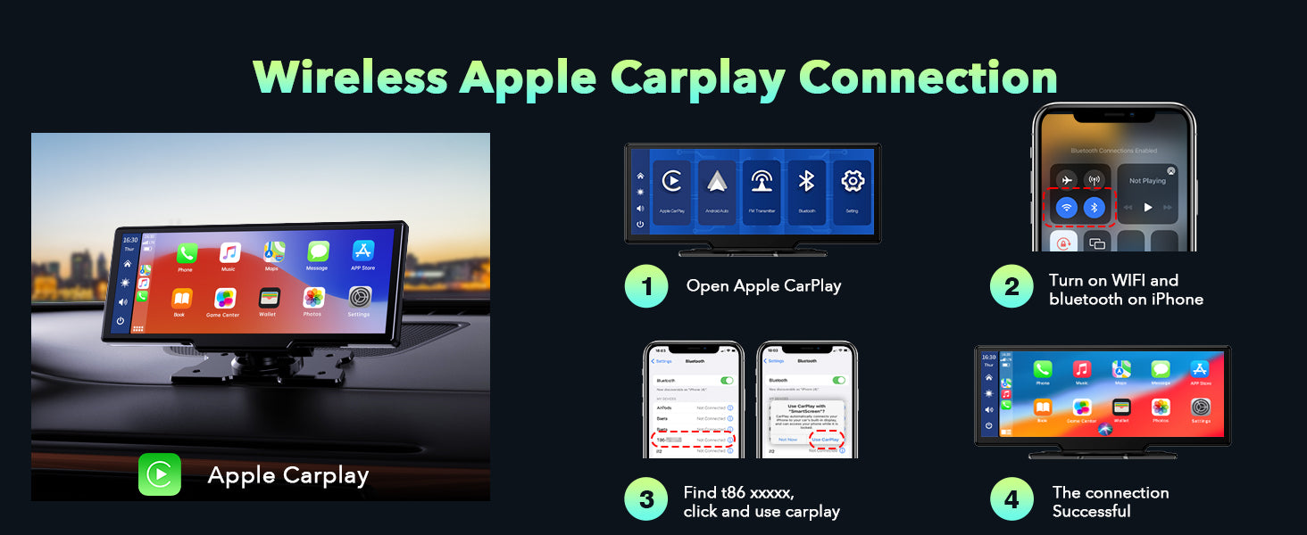 9.26" Wireless Car Stereo Apple Carplay with 2.5K Dash Cam, 1080P Backup Camera, GPS Navigation, Bluetooth, AirPlay, AUX/FM, Siri