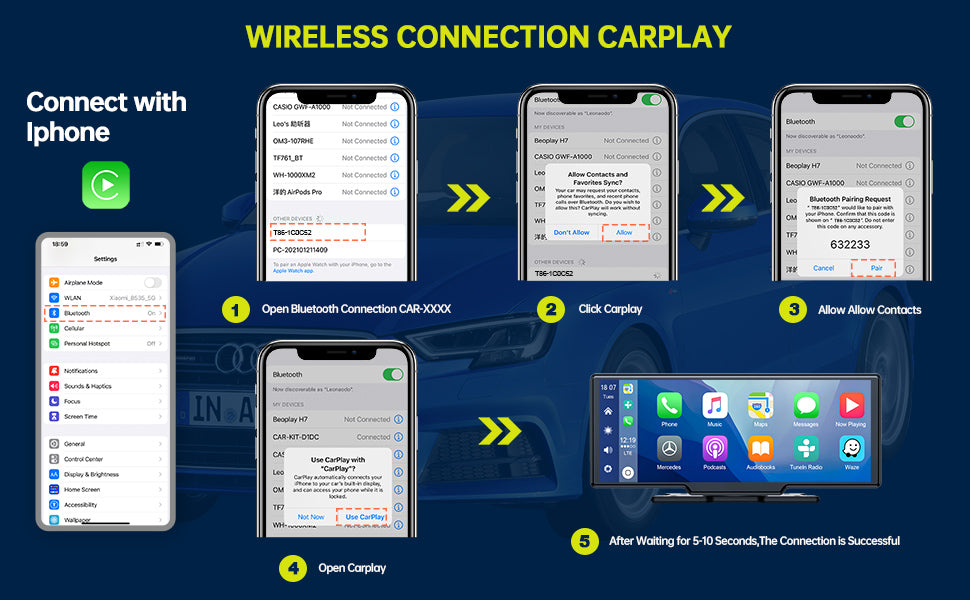 Campark RC06 10'' Touchscreen Wireless Apple Carplay Car Stereo