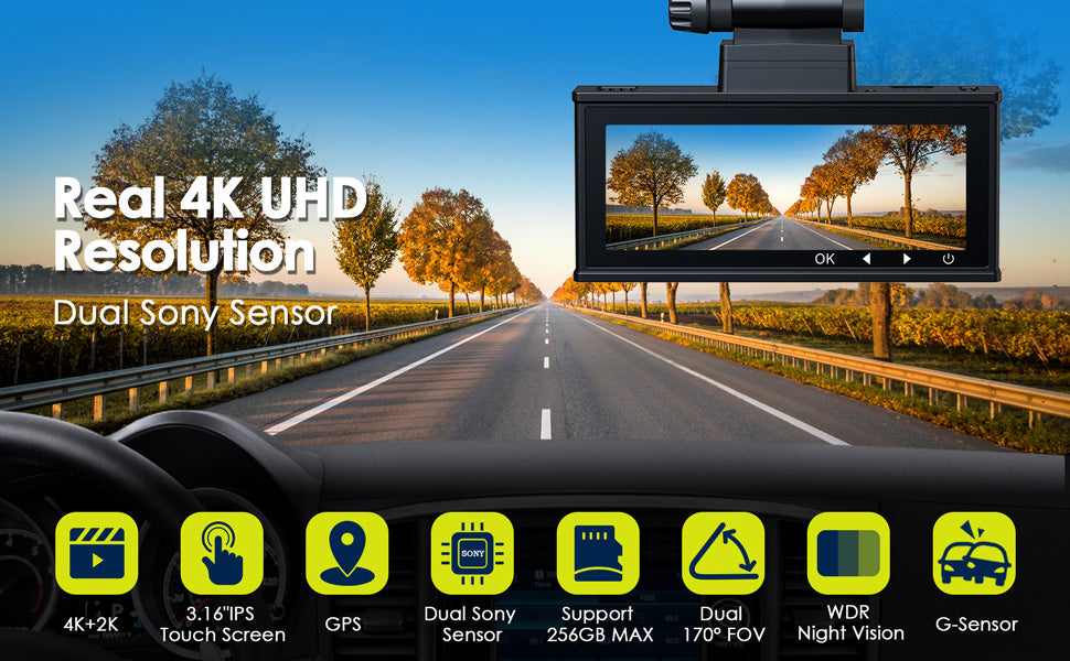 Campark DC15 4K+ 2K Front and Rear Dash Camera for Cars Built in WiFi GPS with 3.16 Touch Screen, 64gb Memory Card (Out of Stock in Europe)