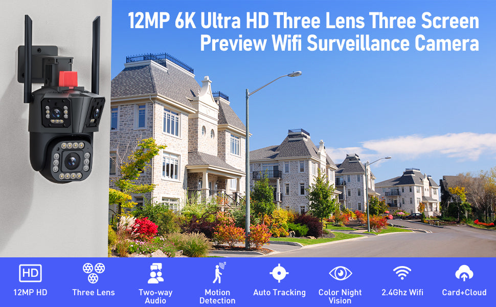 6K 12MP Security Camera Three Lens Home Cam with Auto Tracking, Color Night Vision and 10X Zoom