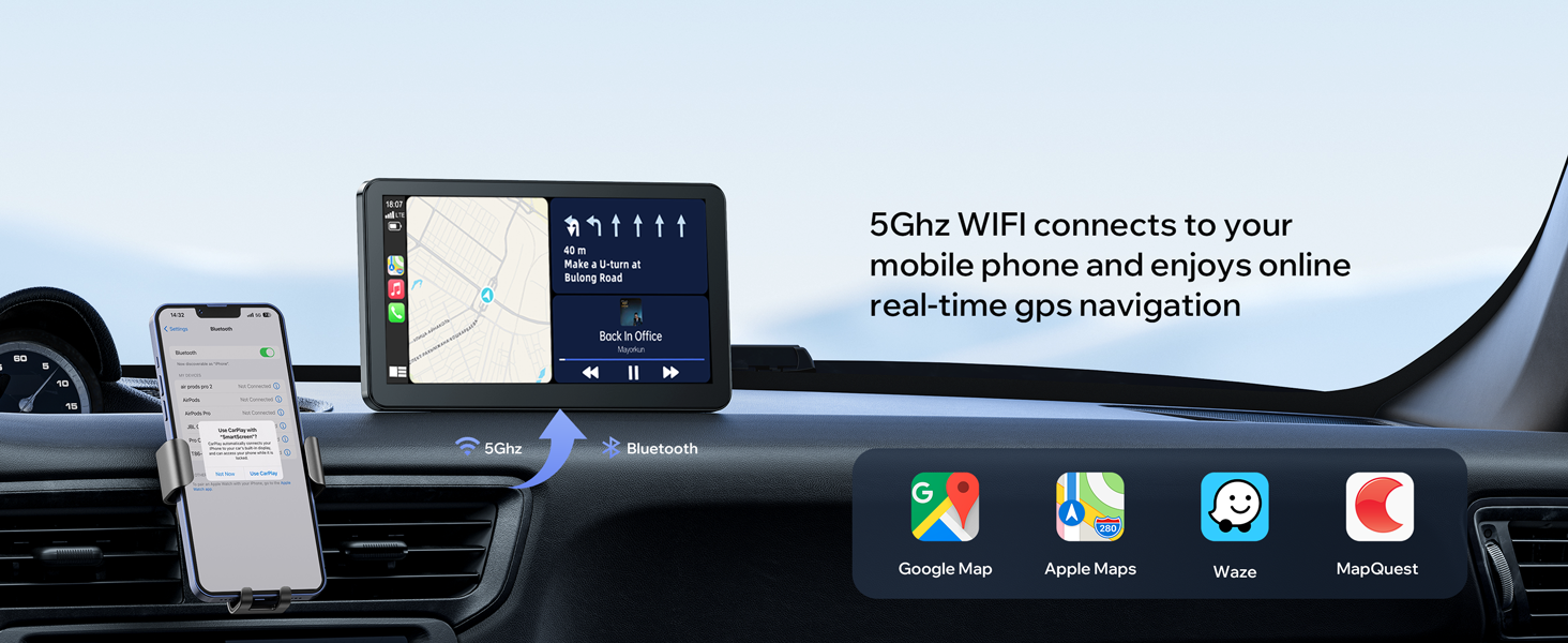 Portable Wireless Car Stereo Apple Carplay with 7''HD Touch Screen, Car Radio Receiver with GPS Navigation