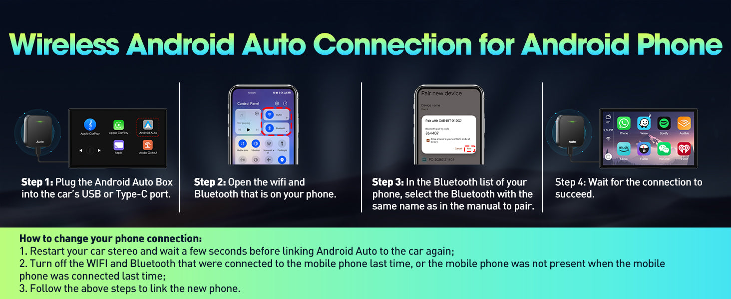 Wireless Android Car Adapter, Plug and Play for OEM Factory Wired Android Car