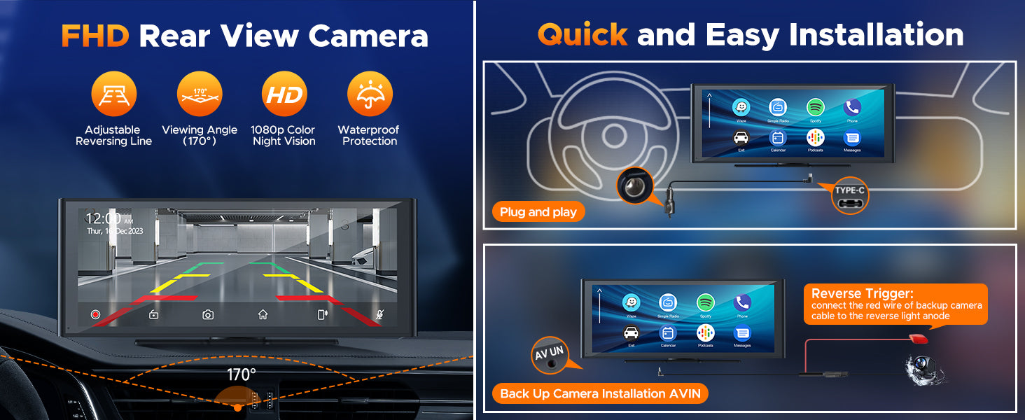 9.26'' Car Stereo Wireles Apple Carplay & Android Auto with 4K Dash Cam & 1080p Backup Camera, Mirror Link and Loop Recording