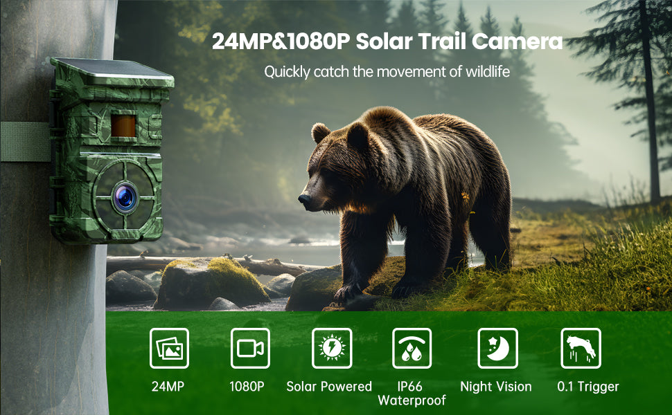 24MP 1080P 2500mAh Built-in Lithium Battery Rechargeable Solar Trail Camera
