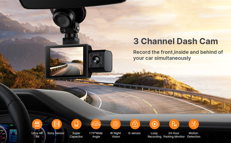 3 Channel 4K Dash Cam, WiFi Dual Dash Camera for Cars, 3 Channel Dash Cam  with APP, WDR Loop Recording, GPS, 24 Hours Parking Monitor, G-Sensor,  Night