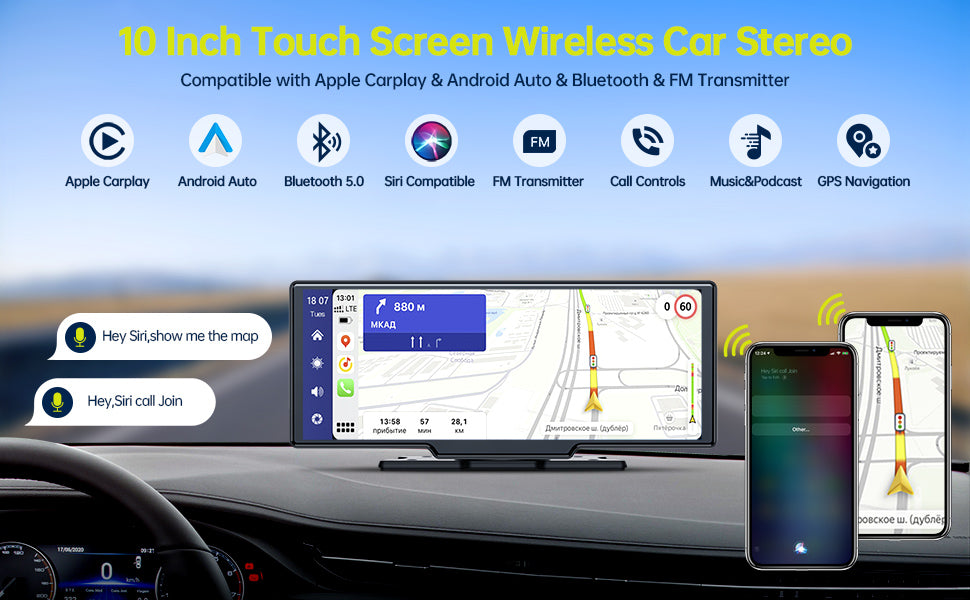 10'' Touchscreen Wireless Apple Carplay Car Stereo
