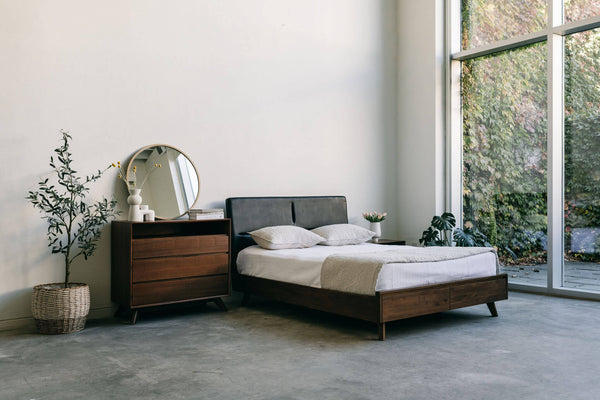 Mim Concept best Modern furniture stores in Toronto, Ottawa and Mississauga to sell modern contemporary bedroom furniture and condo furniture Italian leather headboard bed Low profile platform storage bed solid oak wood