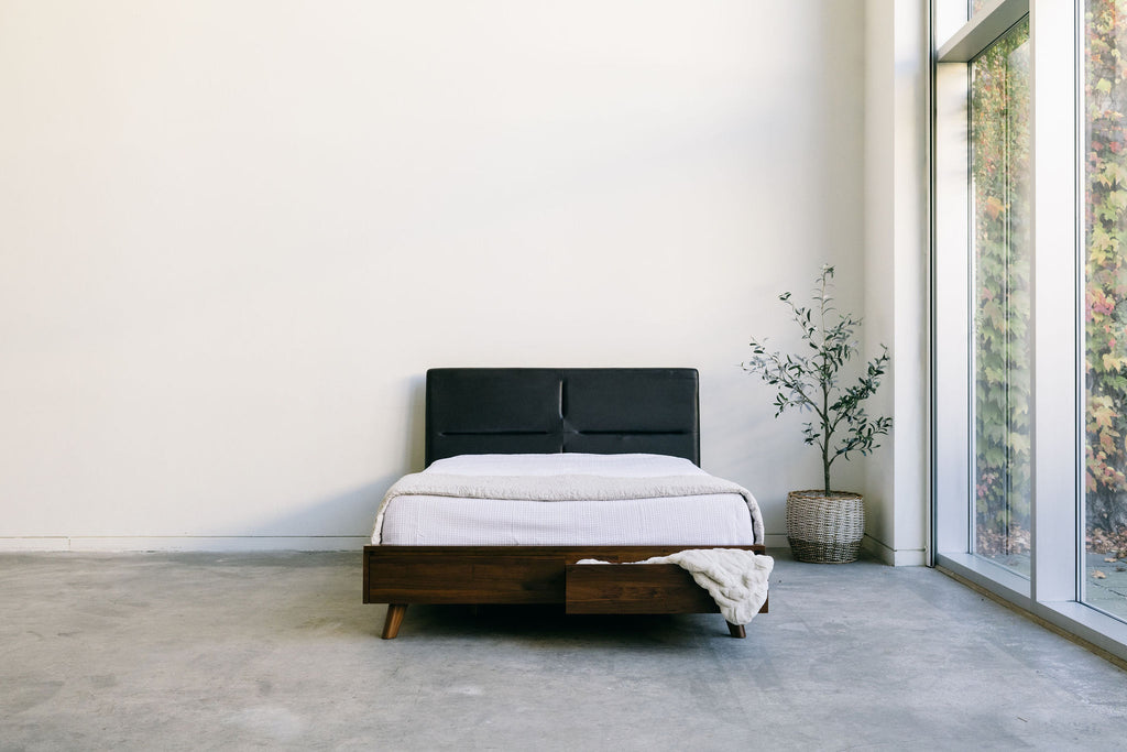 Mim Concept best Modern furniture stores in Toronto, Ottawa and Mississauga to sell modern contemporary bedroom furniture and condo furniture. Minimal mid century modern bed Low profile platform storage bed solid walnut wood modern organic