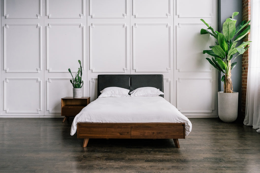 Mim Concept best Modern furniture stores in Toronto, Ottawa and Mississauga to sell modern contemporary bedroom furniture and condo furniture. Italian leather headboard bed Low profile platform storage bed solid oak wood modern organic