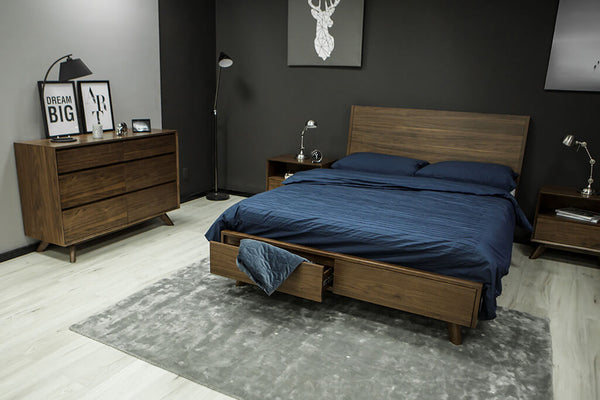 Mim Concept best Modern furniture stores in Toronto, Ottawa and Mississauga to sell modern contemporary bedroom furniture and condo furniture Italian leather headboard bed Low profile platform storage bed solid oak wood