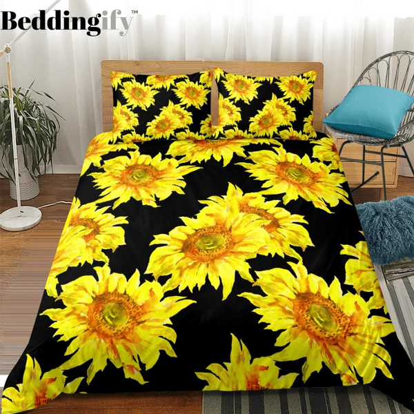Black Background Sunflower Bedding Set