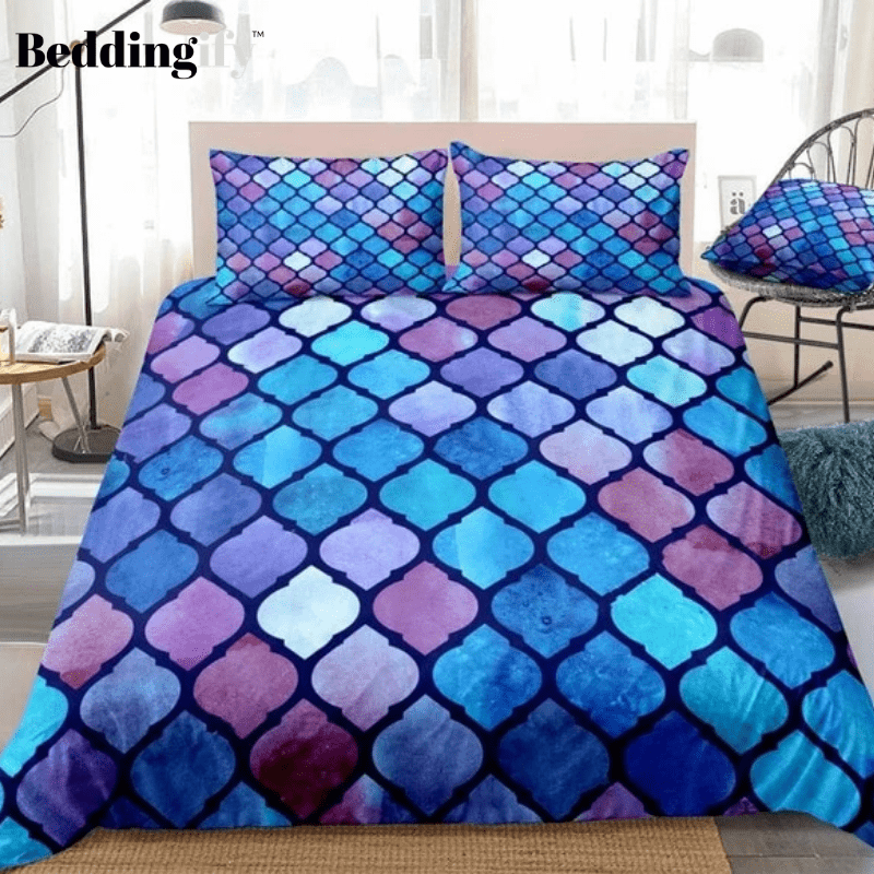 Watercolor Geometric Blue Purple Mosaic Bedding Set Beddingify