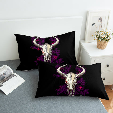 Image of Vintage Dark Purple Floral Buffalo Skull SWZT4733 Pillowcase