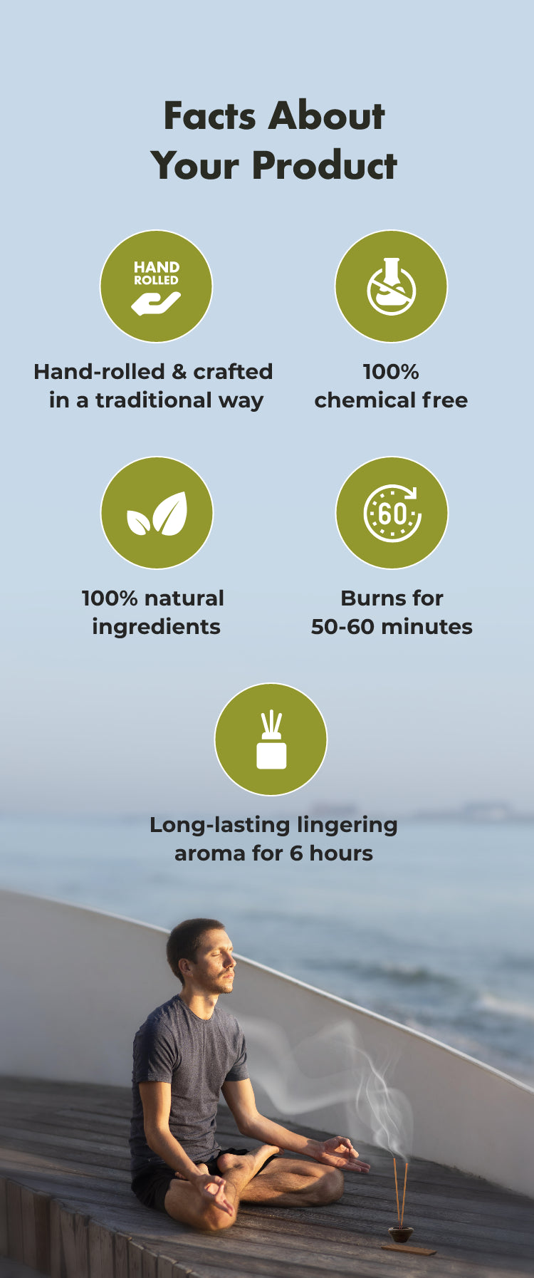 Facts About Your Product
HAND
Hand-rolled & crafted in a traditional way
100%
chemical free
100% natural ingredients
€60
Burns for 50-60 minutes
Long-lasting lingering aroma for 6 hours