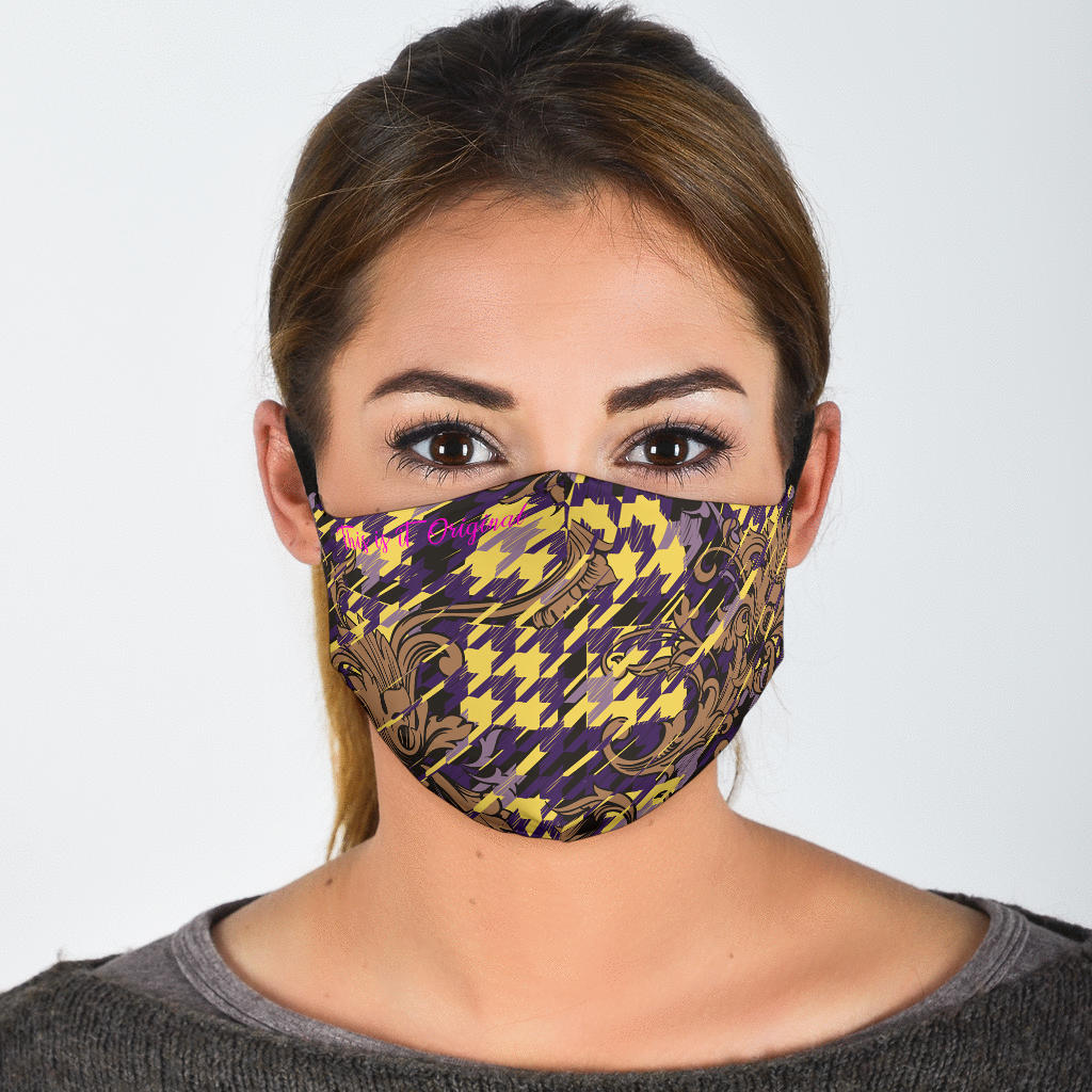 Luxury Yellow Houndstooth With Flowers Ornament Protection Face Mask ...