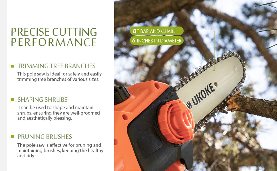 Ukoke Powerful 40V 8-Inch Cordless Pole Saw with 2.0Ah Battery and Charger Included - Make Tree Trimming A Breeze!