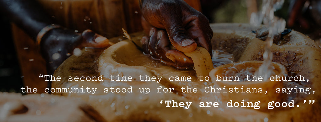 Image with quote from 'E': "The second time they came to burn the church, the community stood up for the Christians, saying, 'They are doing good.'"